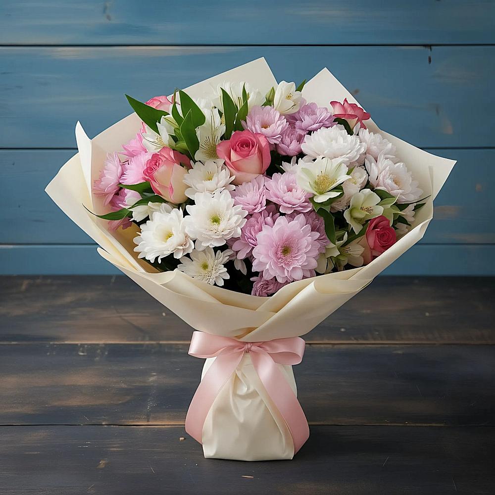 Букет цветов из: Хризантемы, Альстромерии и Розы в Александровской Краснодарского края